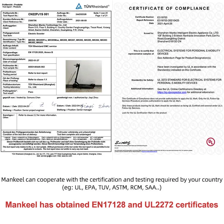 Mankeel Pioneer Private En17128 Ul2272 10/15/20Ah Removable Battery Foldable Electric Scooter