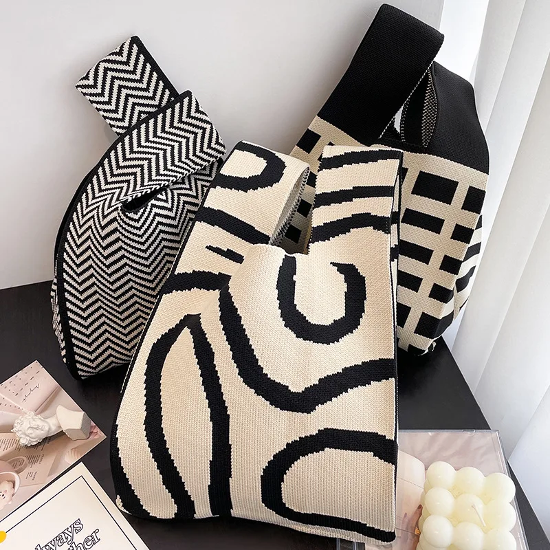 Striped Pattern Knitting Fabric Handbag Chequer Design Eco Small Shopping Bag Wool Crochet Tote Hand Bags For Women
