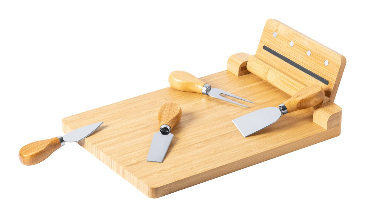 Bamboo Cheese Board Chopping Cutting Board With 4 Pc Stainless Steel Cheese Knife Set on Foldable Magnetic Holder
