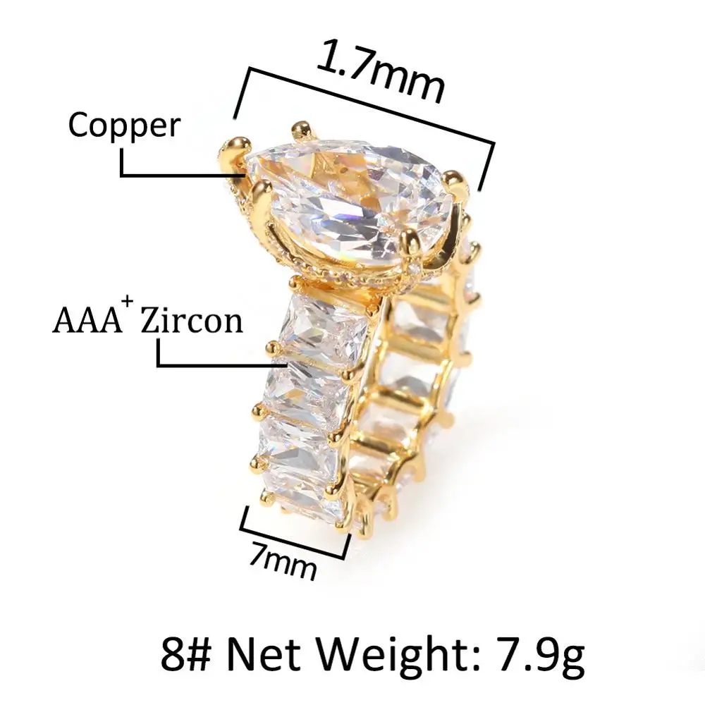 Water Tear Drop Ring shaped Square Zircon Hip Hop Men and Women New Trend Rings