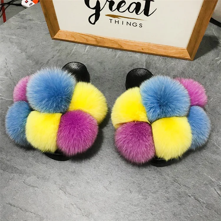 
Lasted summer fashion furry luxury slippers women 100% fluffy fancy real raccon fur fox fur slides 