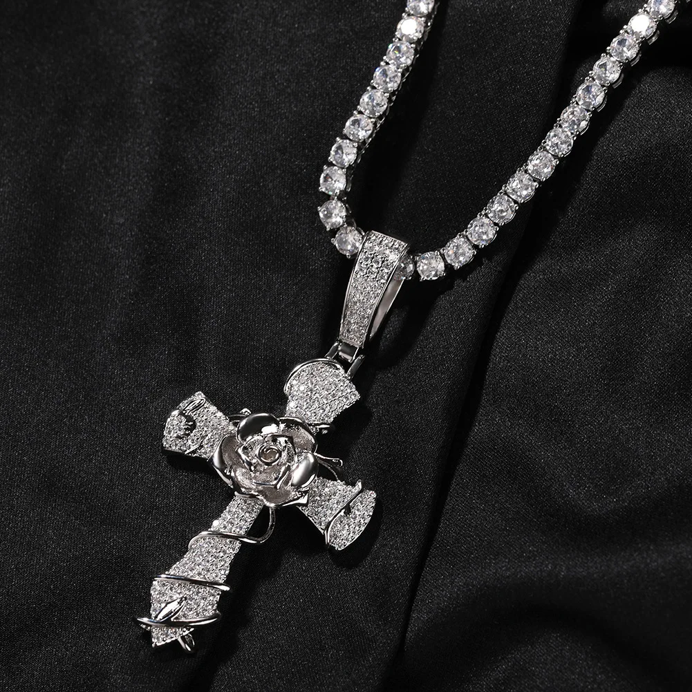 Hip Hop Fashion Jewelry Women Gold Plated CZ Cubic Zirconia Cross Charms Iced Out Bling Rose Cross Pendant Necklace