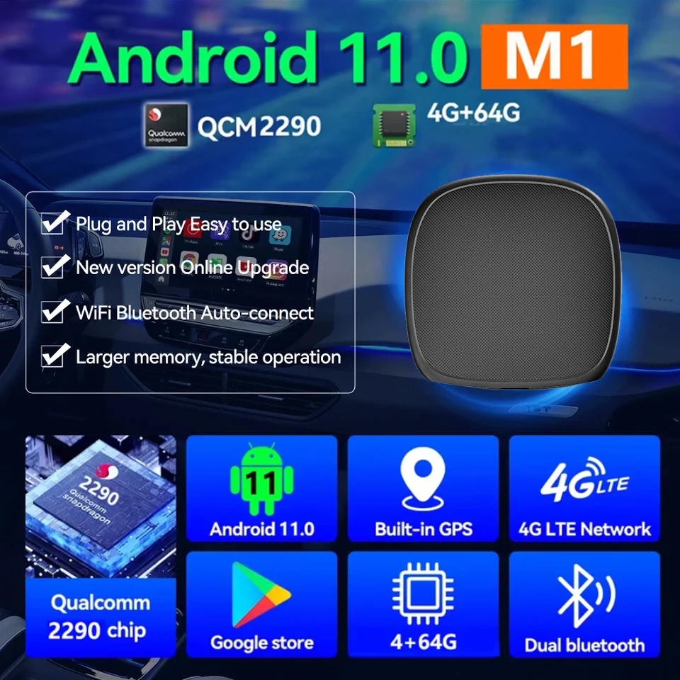 M1 Best Car Ai box Android 11 4+64G 4g-SIM LTE GPS Wireless Carplay adapter Multimedia car play box with Apps Netflix & Youtube