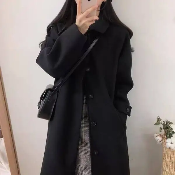 Autumn New  Home British Style Korean Version Womens Double-breasted Mid-length Black Trench Coat Women