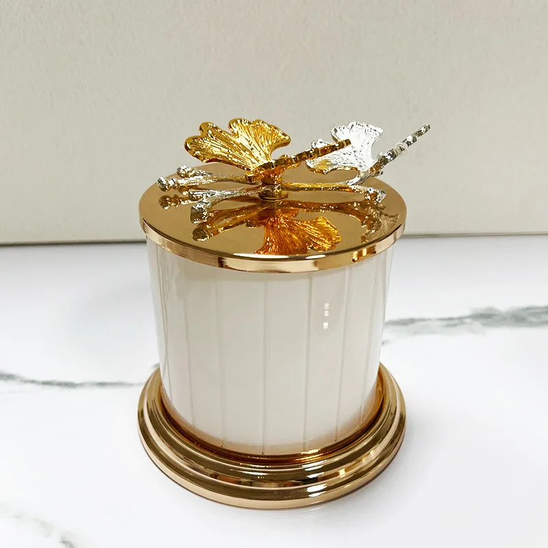wholesale gold white glass gifts coffee candy tea sugar canisters container jars storage with leaf lid for kitchen decoration