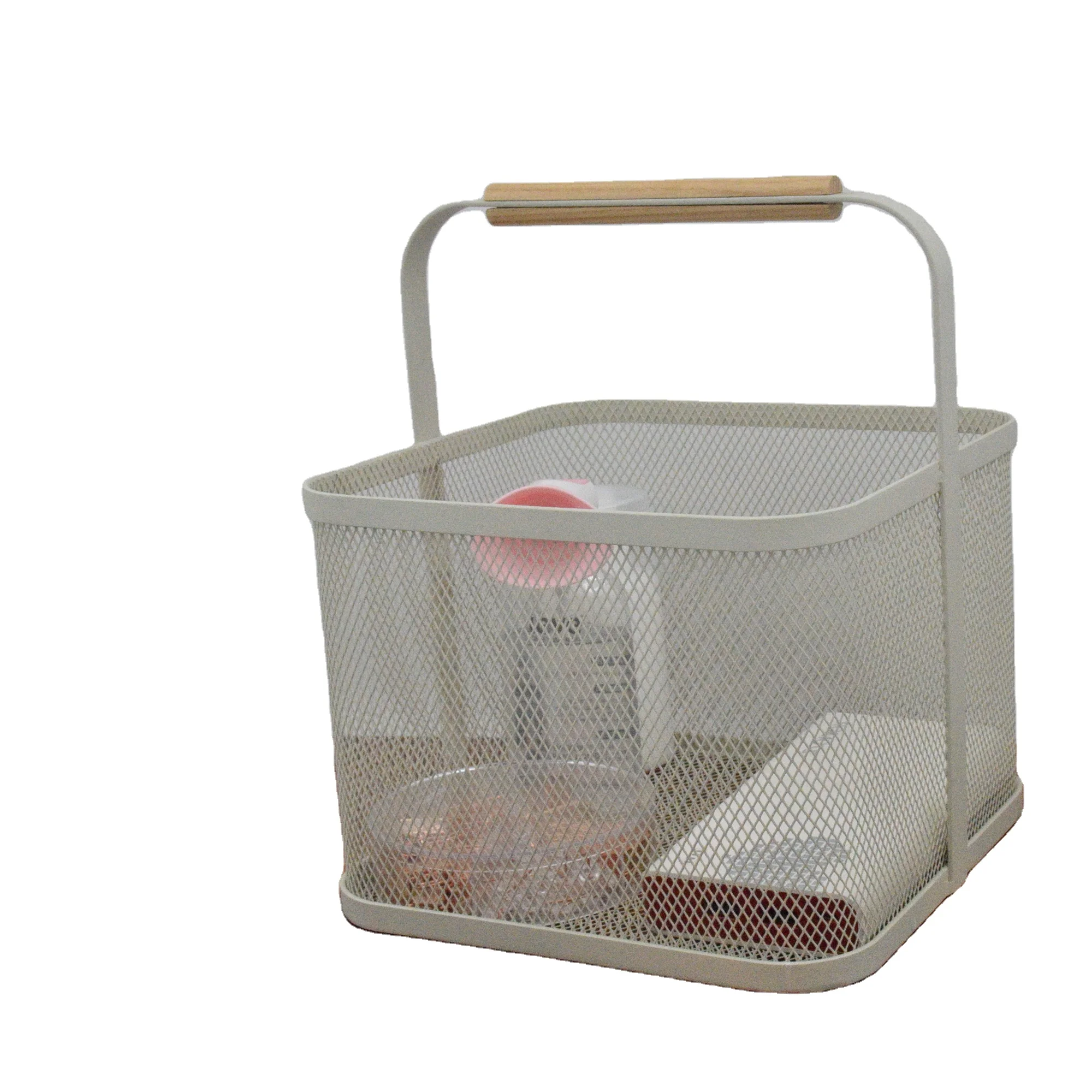 2020 Modern Style Iron Mesh Carrying Basket With Wooden Hand In Customized Color Car  For Household Storage