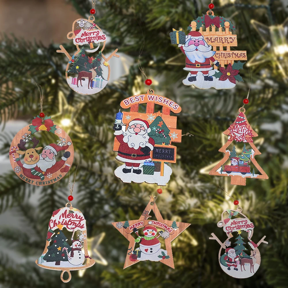 New Year 2022 Decor Xmas Tree Christmas Ornaments Wooden Craft Hanging Pendant Christmas Decoration For Home Kids Toys Gift