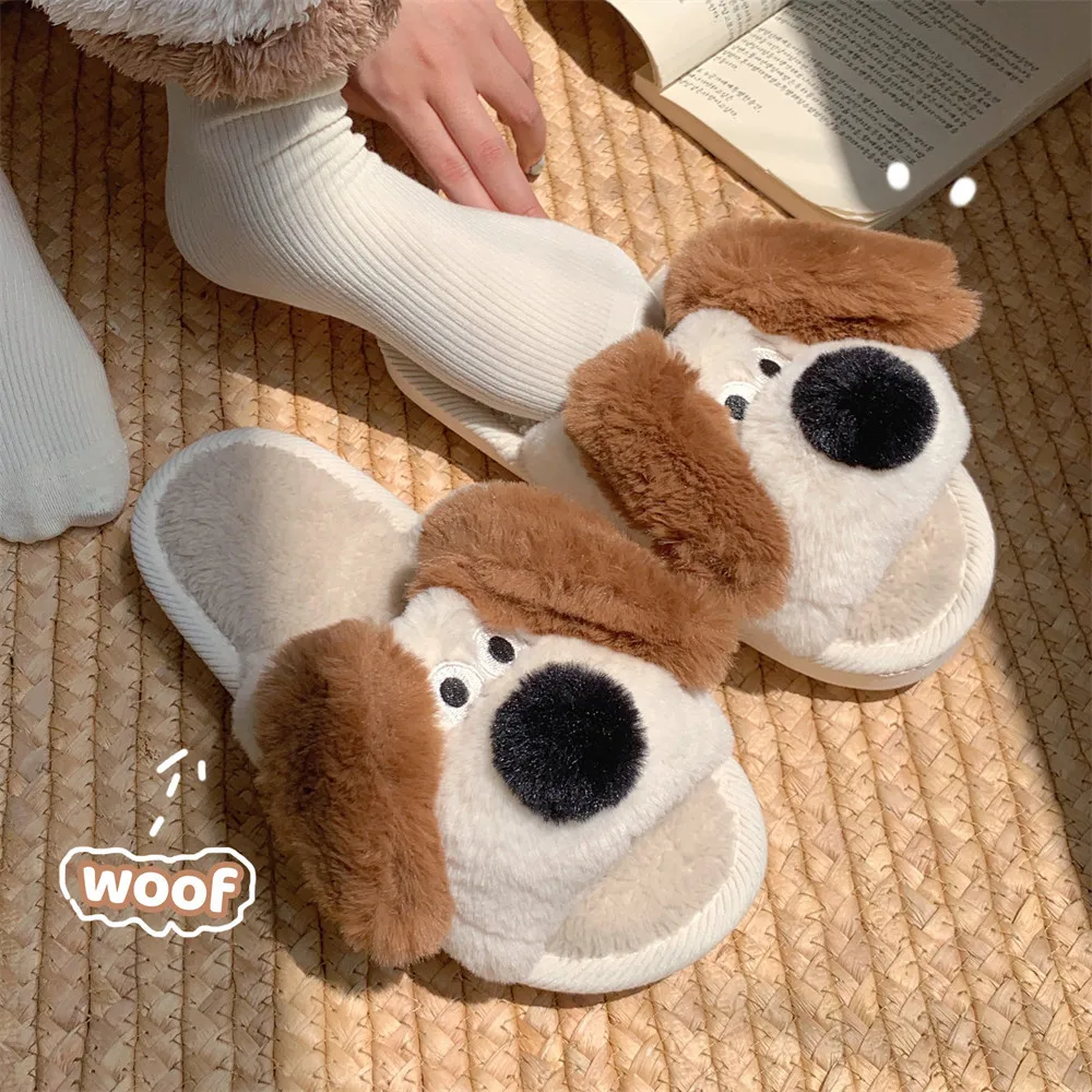 XIXITIAO fuzzy sandals dog house flat plush shoes indoor winter non slip cute animal plush slippers for women girls