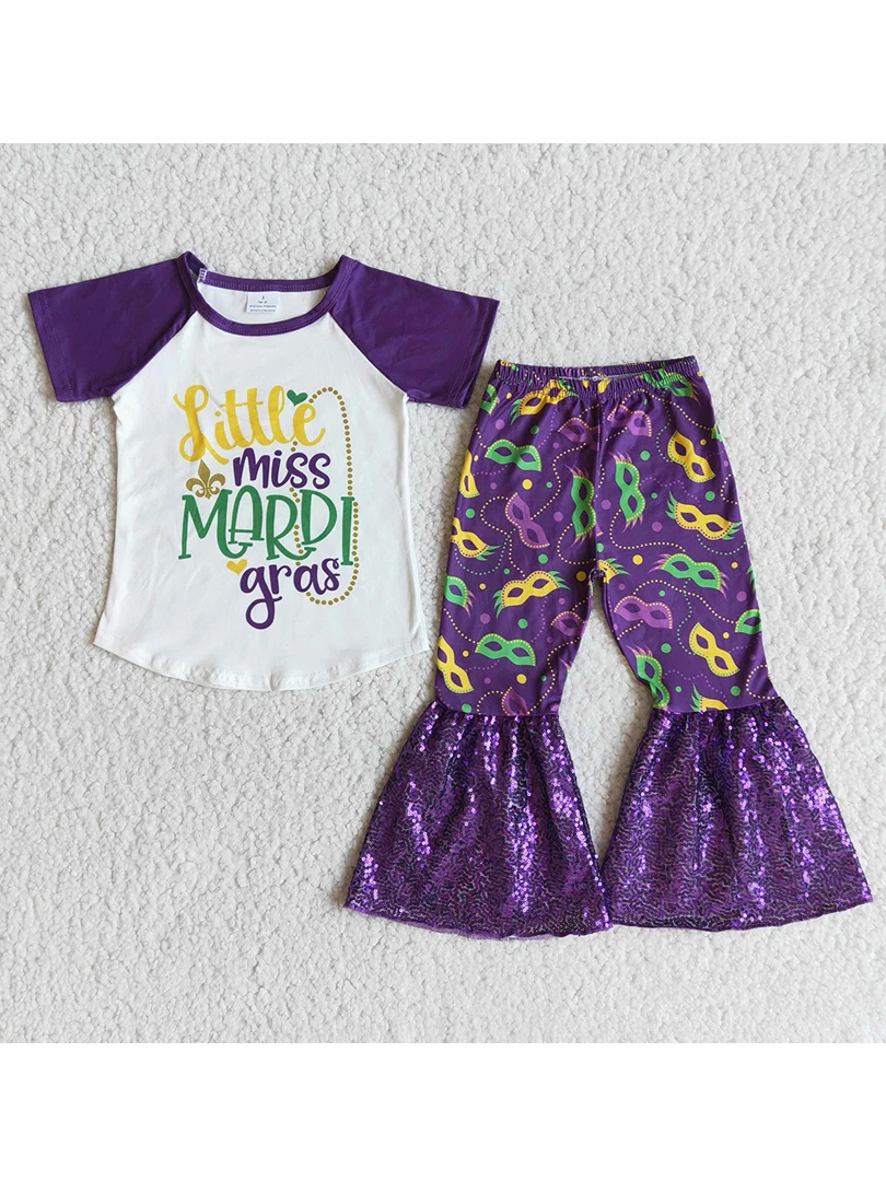 Girl Short Sleeve Raglan Shirt Dark Purple Flare Pants Set Toddler Kids Letters And Sequins Stitching Outfit For Mardi Gras
