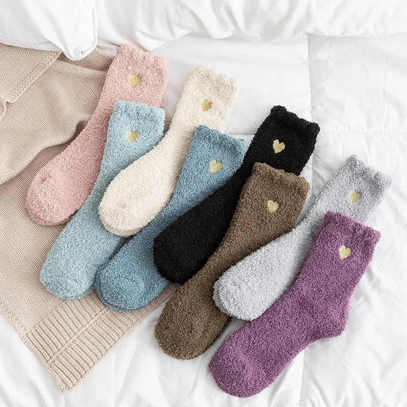 Wholesale Heart Embroidered Solid Warm Cozy Fluffy Sleeping Socks Women Soft Fleece Fuzzy Socks