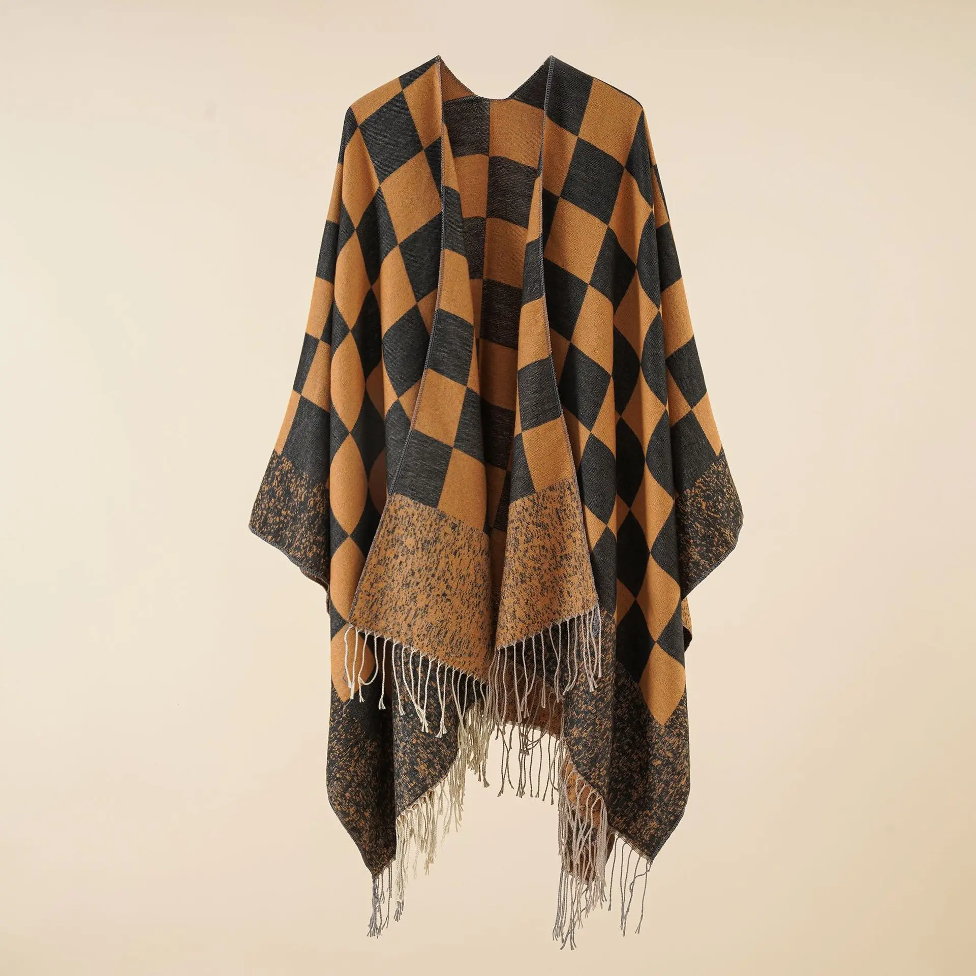 2024 new gradient plaid shawl with outer cloak autumn and winter blanket warm tassel jacket