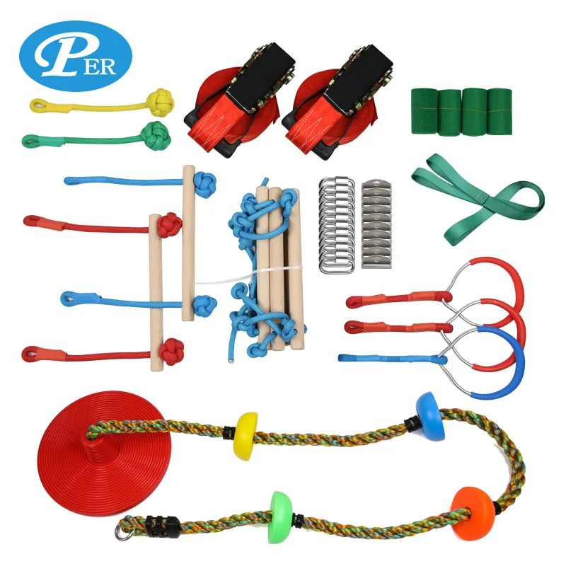 Slacker Line Best Outdoor Ninja Slacker Training Equipment for Kids Includes 9 Hanging Attachments of Slacker Ninja Warrior Line
