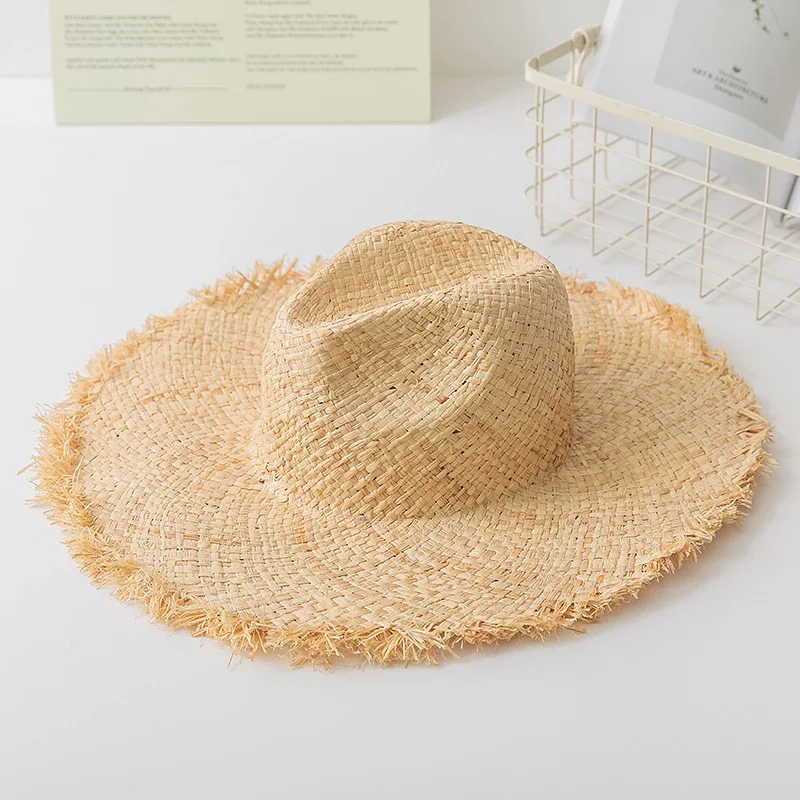 Stock Women Raffia Straw Hat Large Wide Rough Brim Floppy Straw Hat Beach Summer Sun Visor Hat