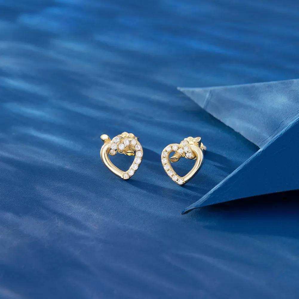 RINNTIN APE121 New Arrival Minimalism 14K Gold Plated Real Sterling Silver Stud Earrings Tangled Heart Decoration