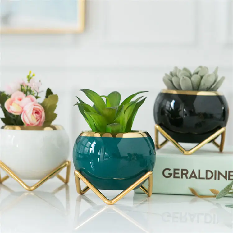 Wholesale Cactus Succulents Flower Pot Ceramic Mini Succulent Planter Pots With Metal Stand