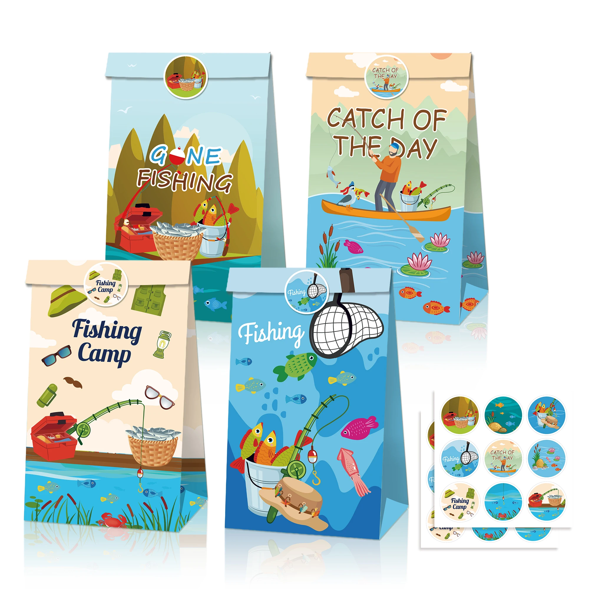 LB133 Go Fishing Kid Birthday Party 12 pcs Gift Favors Bags Kraft Material Party Supplies Decoration OEM Went Fish