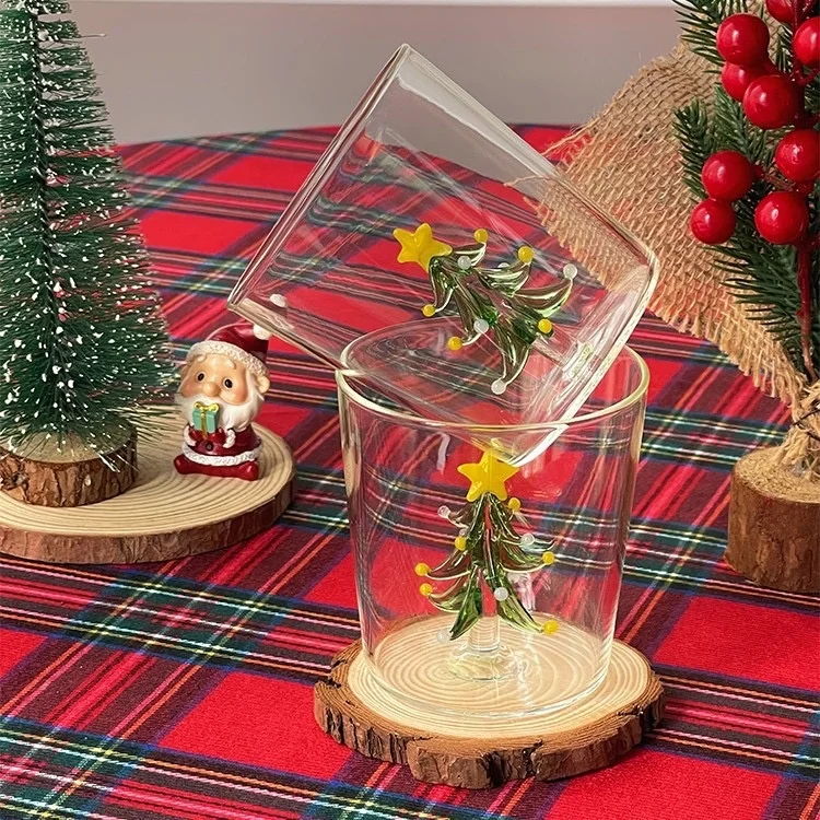 Wholesale Custom Handmade Craft Heat-resistant Transparent 3D Christmas Tree Decoration Glass Drinking Cups Inside Glass Cups