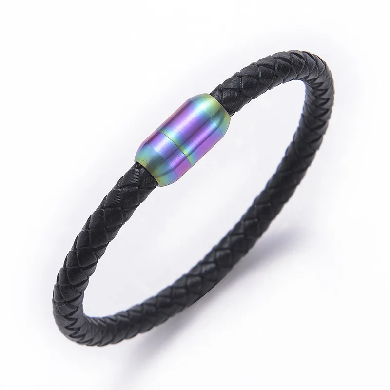 Новейший Плетеный черный мужской браслет ручной работы из натуральной кожи индивидуальный браслет из нержавеющей стали с магнитной пряжкой