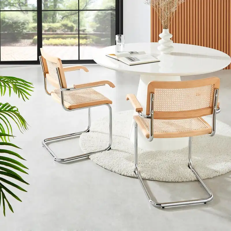 Marcel Breuer Cesca Replica Indoor Furniture Natural Rattan  Chrome  Frame Wooden Cantilever Dining Chairs With Arms