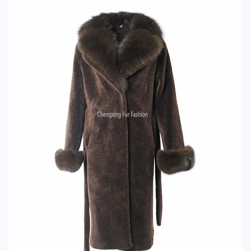 CX-G-T-74D Fox Fur Shawl Collar and Cuffs Decorative Warm Shearing Sheep Wool Jacket Winter Fur Coat