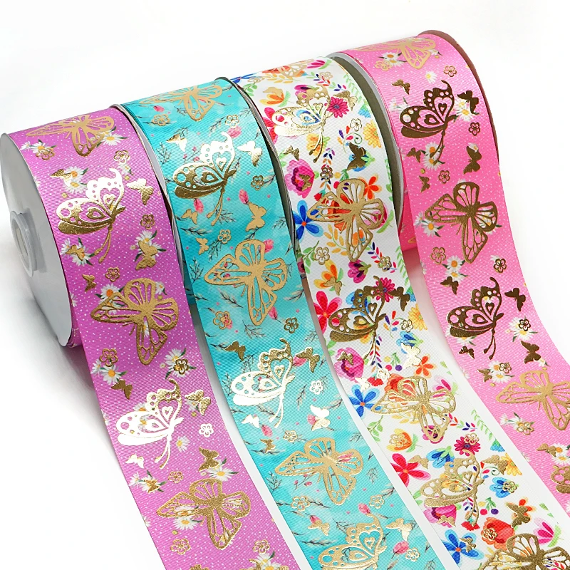 75mm 3' Width Green Ink Gold Foil Grosgrain Ribbon Butterfly Printed Ribbons for Bowknots Home Handmade 50yards/roll