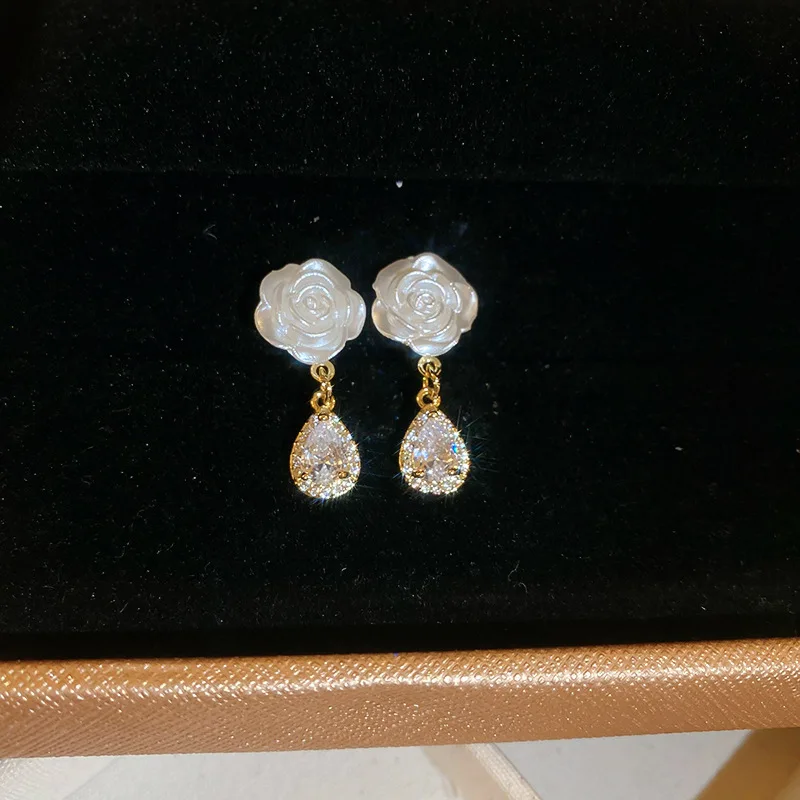 Wholesale genuine gold electroplated silver needles French white rose zircon high-end elegant wholesale Stud Earrings for Women