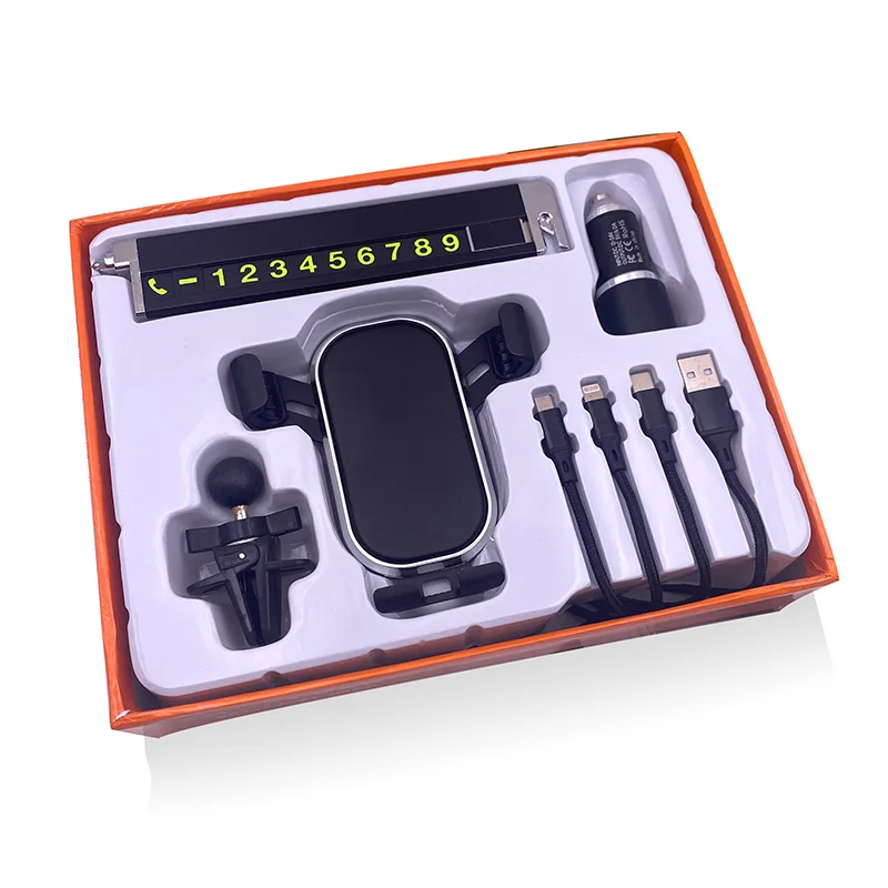 Luxury travel mobile 4 in 1 car kits combo usb cable phone holder temporary car parking number plate and car charger gift set