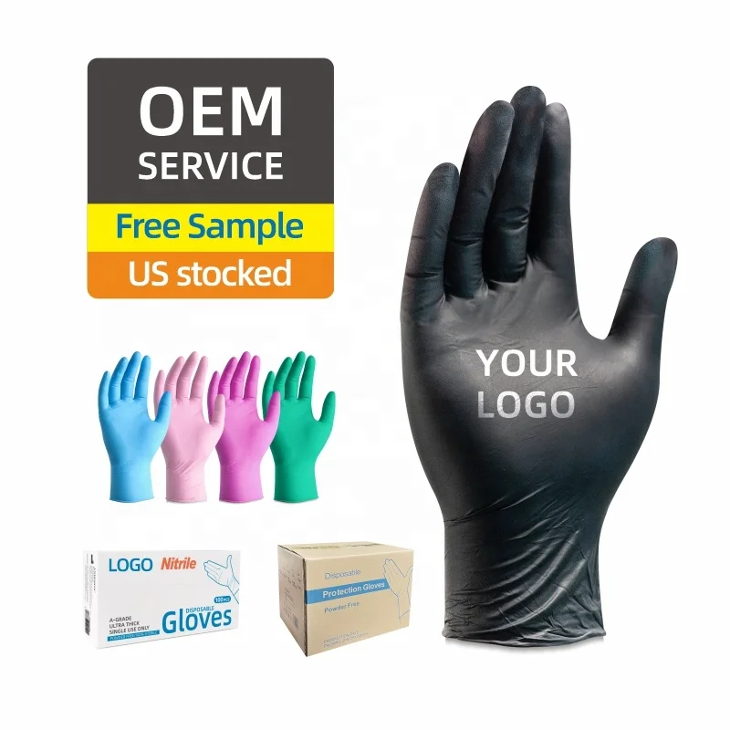 ANBOSON 5Mil 6Mil Personalizados De Fabrica Sin Latex Sin Polvo Guantes De Nitrilo Negros Desechables Medicos Gloves Nitrile