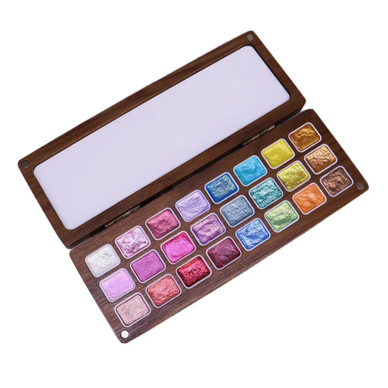 wooden box 24 glittery colors watercolor paint set pearl metallic watercolour for artist and student painting