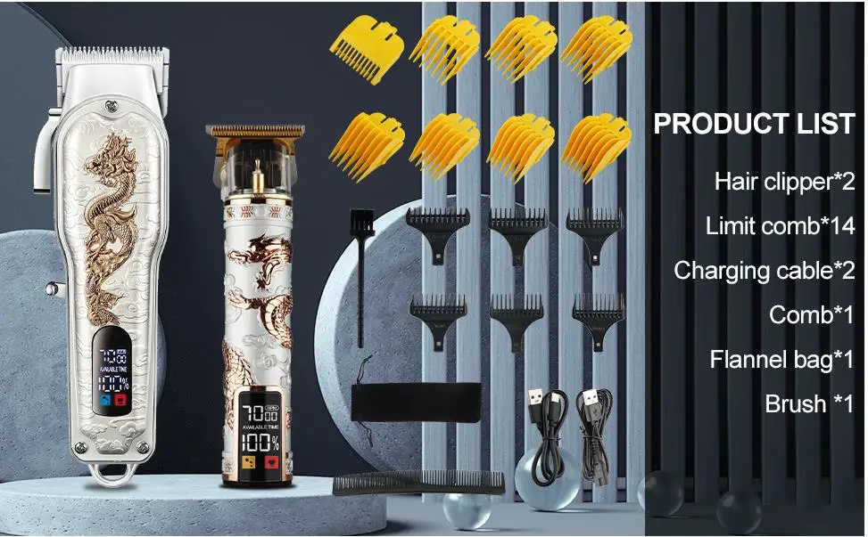 HIENA Hair Clippers for Men T-Blade Trimmer Set Men Professional Cordless Barber Hair Clippers Set with LED Display