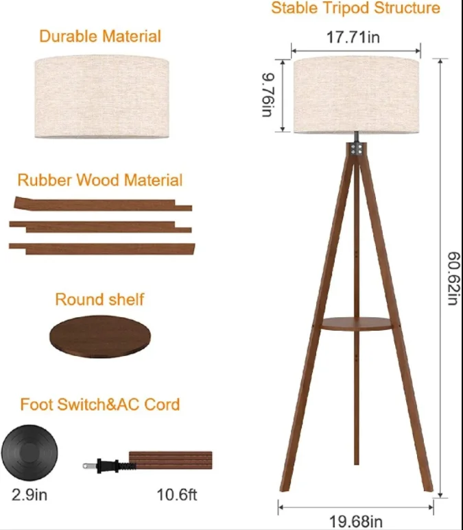 Tripod Floor Lamp Modern Design Shelf Floor Lamp For Living Room Bedroom Office Flaxen Lamp Shade