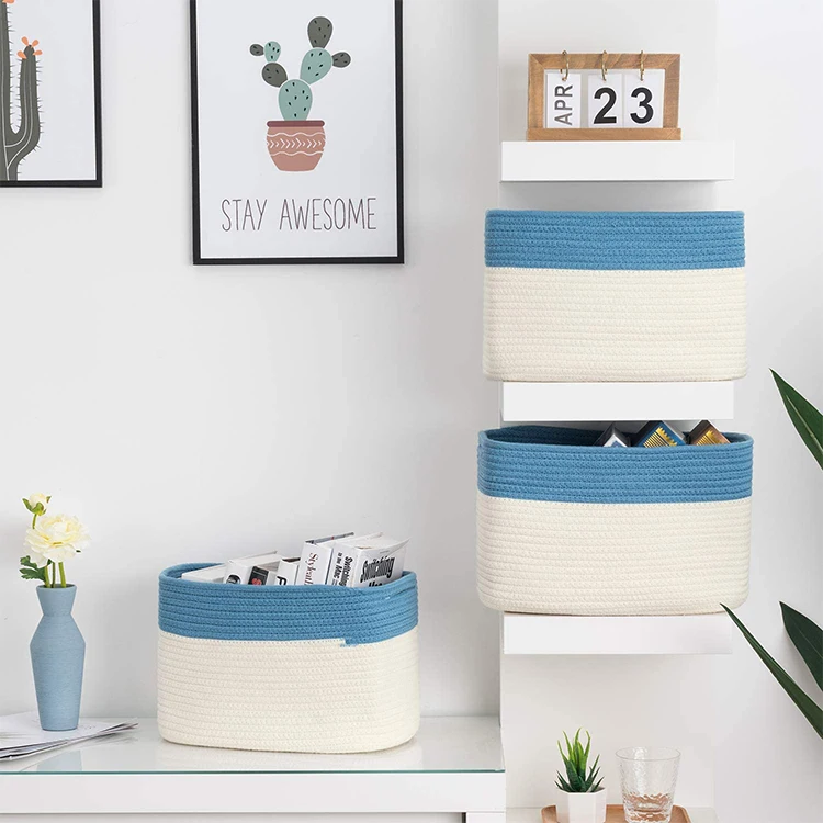 Set of 3 Woven Storage Basket - Large Cotton Rope Basket with durable Handles Foldable Laundry Hamper