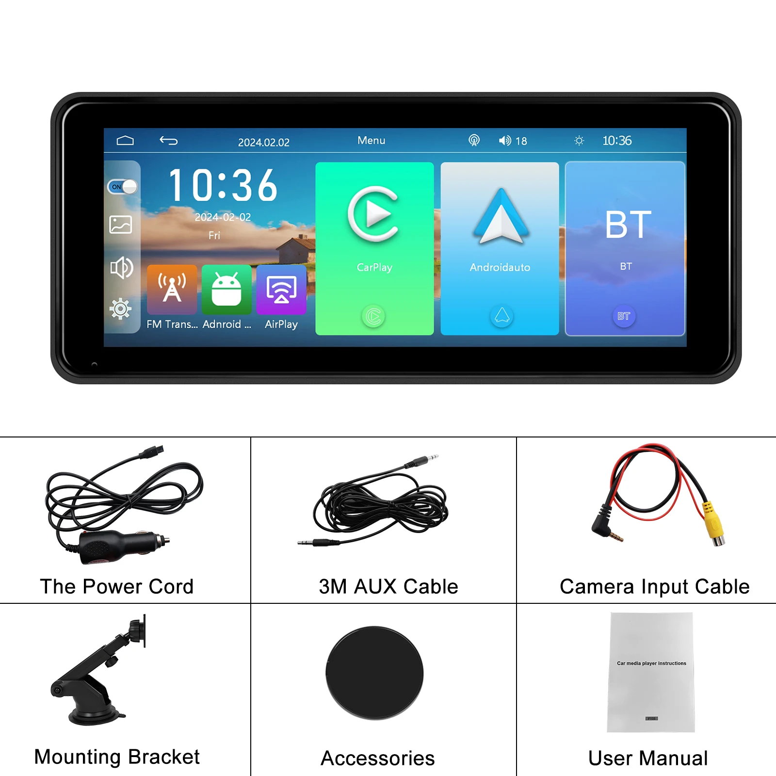 Podofo Portable Wireless Carplay/Android Auto 6.86 Inch HD Screen Car Monitor AirPlay Android Cast BT Music FM Transmitter