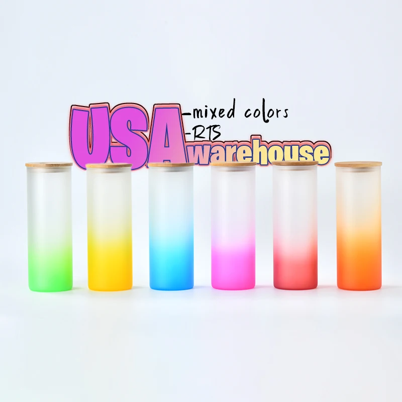USA WAREHOUSE 25oz Frosted Gradient colorful straight sublimation blanks Glass tumblers can with bamboo lid and straw