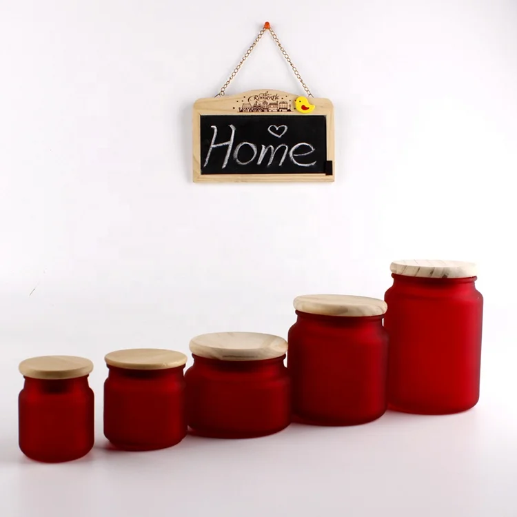 100ml 150ml 300ml 500ml 700ml Red Frosted Glass Candle Jar with Wooden Bamboo  Lid