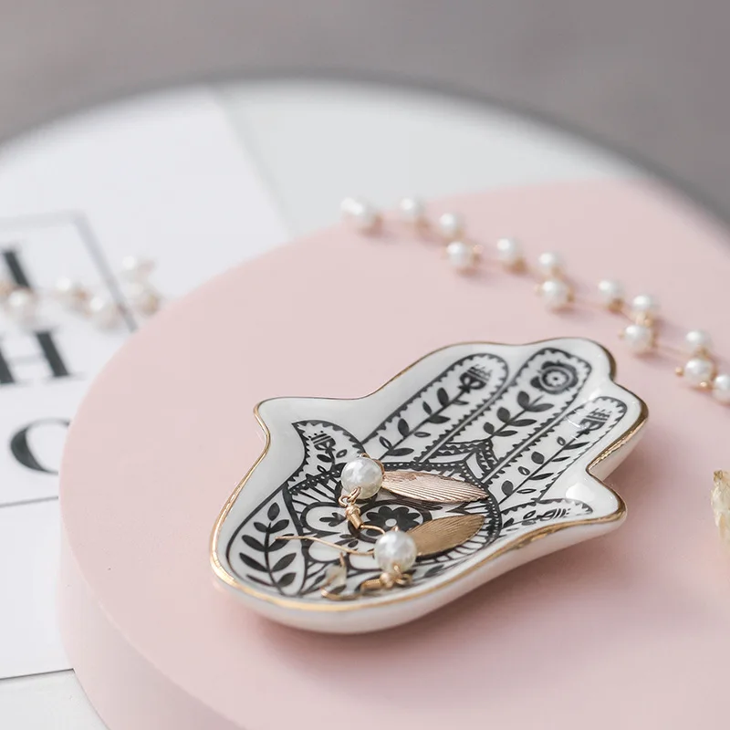 Europe Ceramic Jewelry Dish Trinket Small Jewelry Display Tray Hamsa Hand Plates Decoration Crafts