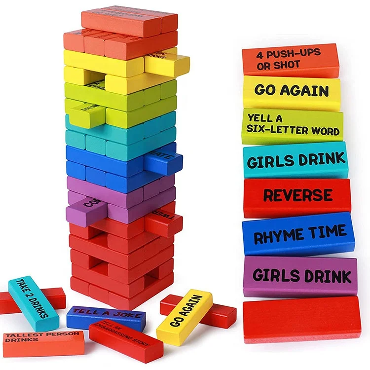54 PCS Stacking Wooden  Blocks with Customized Words Non-toxic Painted Tumbling Tower for Adults Night Party Game