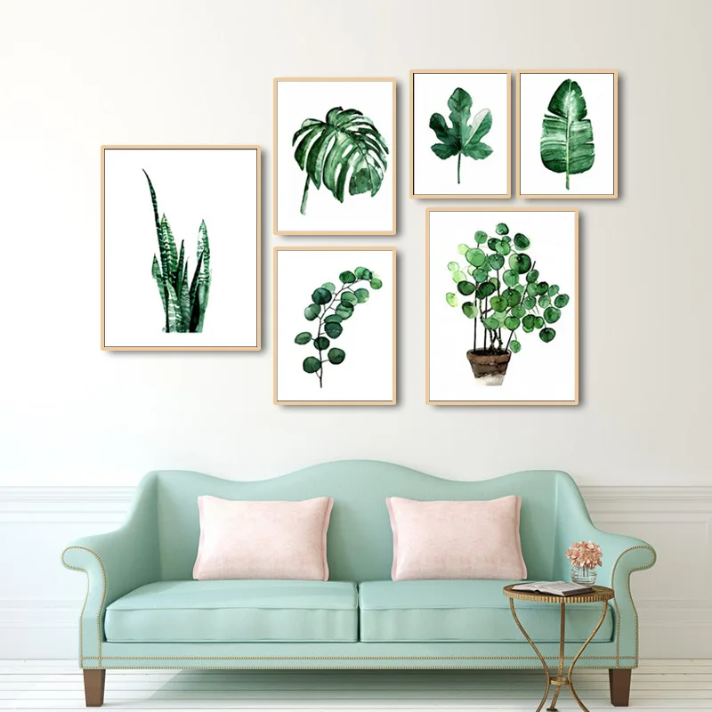 Watercolor Green Plants Leaves Canvas Paintings Nordic Scandinavian Office Wall Art Poster Picture for Living Room Home Decor