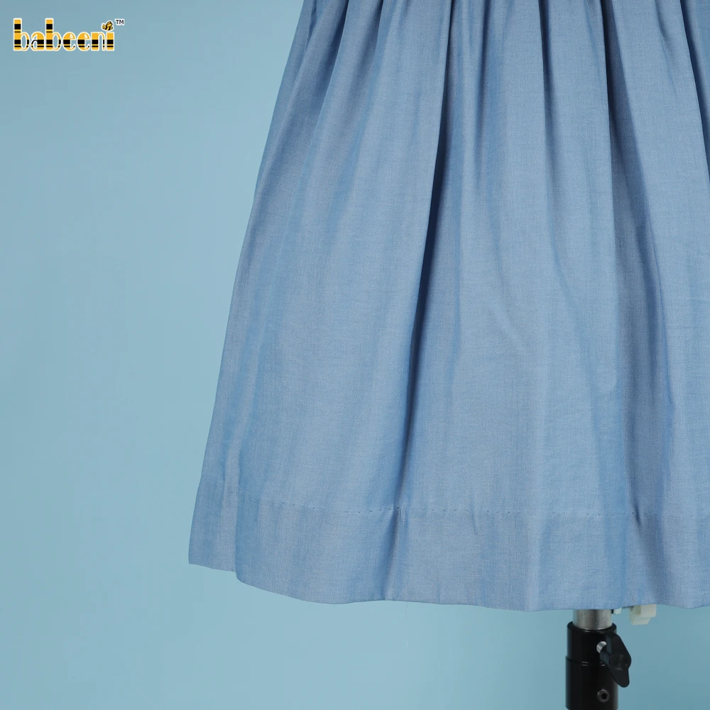 Girl Embroidered Flowers Blue Dress OEM ODM kid smocked baby dress smocked girl dress kids clothing wholesale - DR3804