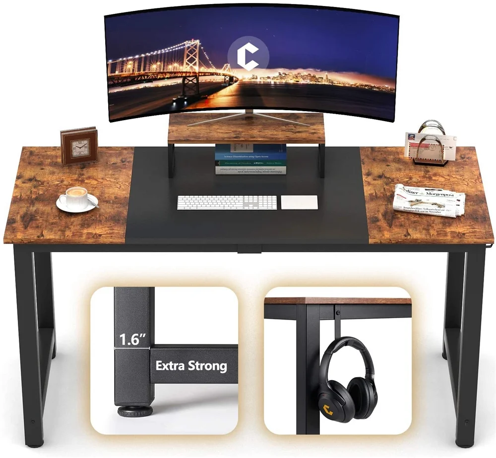 Modern Wood Desktop Home Computer Desk With Monitor Shelf Splicing Board