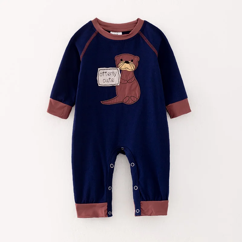 In Stock Ready to Ship Infant Baby Boy Fall Winter Long Sleeve Otter Embroidery Navy Cotton Blue Jumpsuit Kids Pajamas Sleepwear