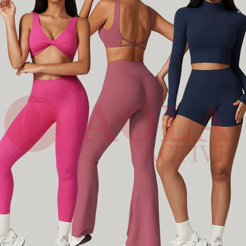 AOLA Gym Clothing Sets Active Wear Set High Quality Yoga Bra Compression Nylon Elastic Plus Size 7 Piece Workout Set For Women