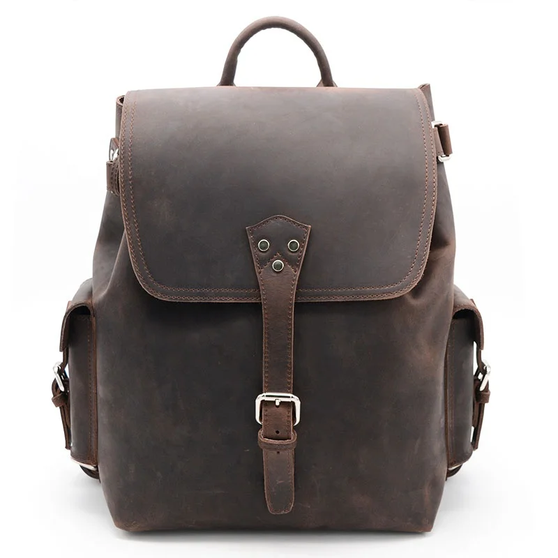 Factory Wholesale Luxury Custom Logo Unisex Korean Back Packs Vintage Waterproof Brown Crazy Horse Genuine Real Leather Backpack