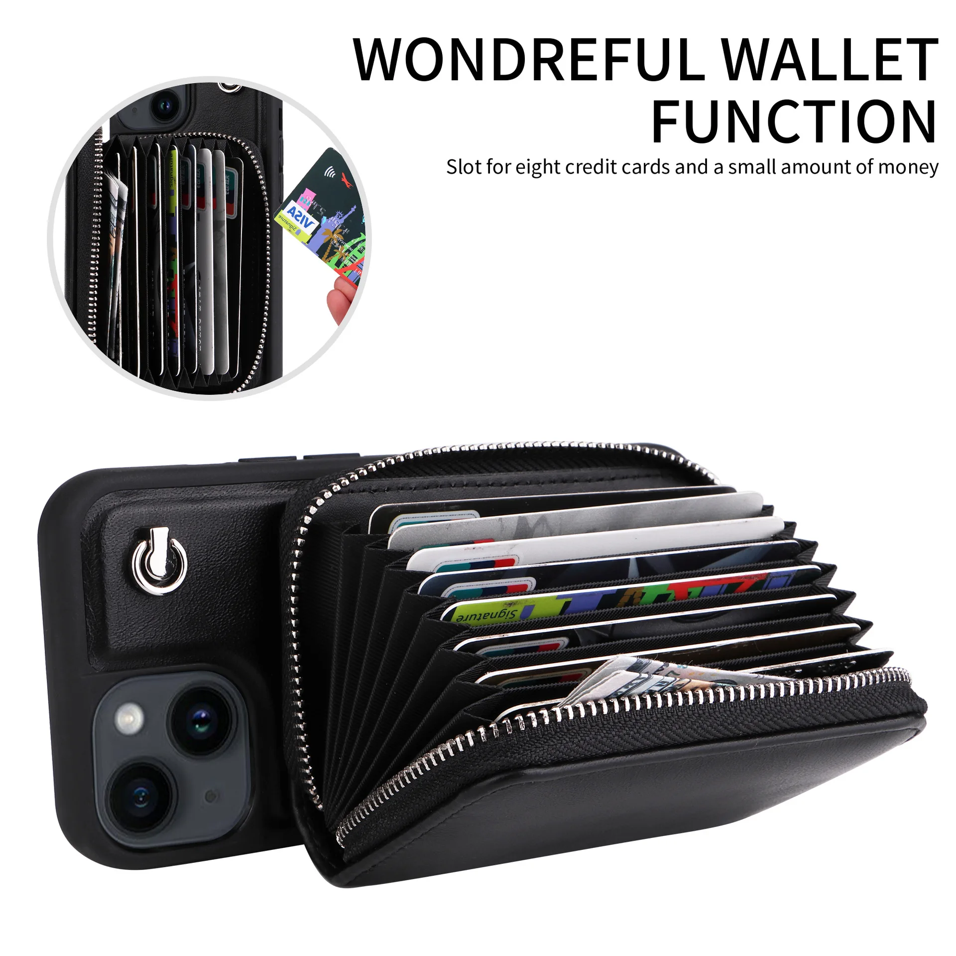 New Organ Insert Black Card Round Label Lock Suitable for iPhone 14 Card Holder Phone Case 13promax 12pro Cord 11 Leather Cover