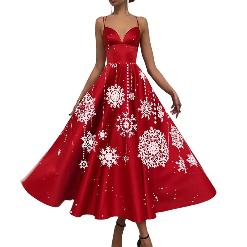 Женское рождественское платье с принтом, сексуальное платье без рукавов с высокой талией на спине, вечернее платье для выпускного вечера