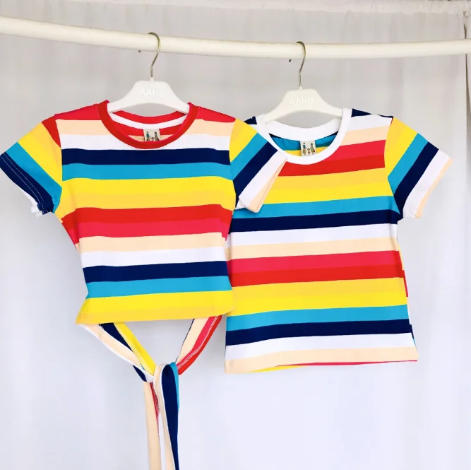 Family School parent-child T shirt and shorts  2 piece Suits Rainbow striped cotton parent-child outfit