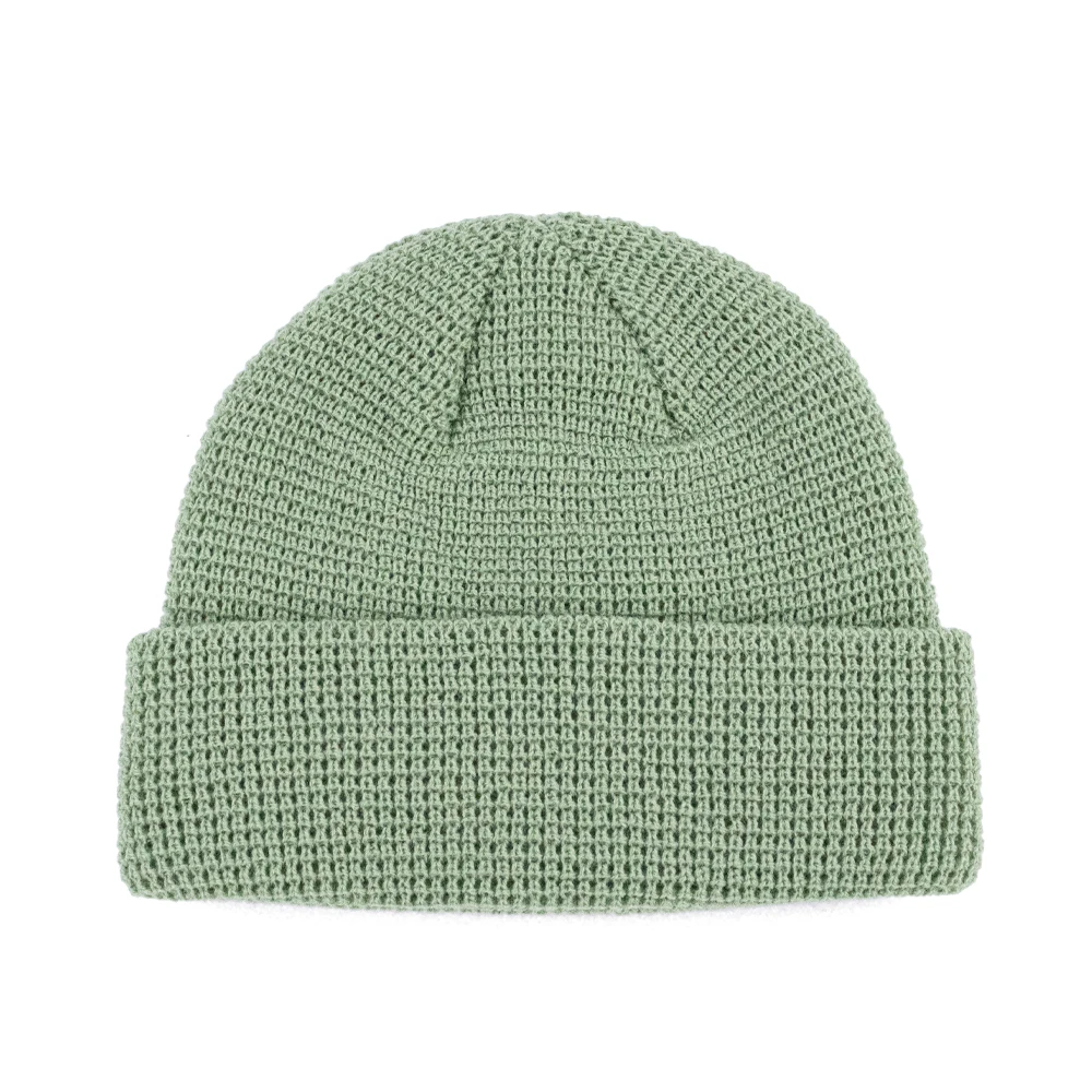 Warm & Comfort Wholesale Unisex 100% Acrylic Green Winter Knitted Beanie with Custom Woven Patch Merrow Edge Logo