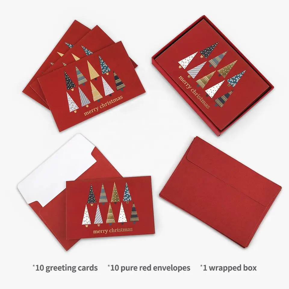 Custom Printed Handmade Paper Christmas Tree Boxed Happy Holidays Greeting Cards with Envelope Set