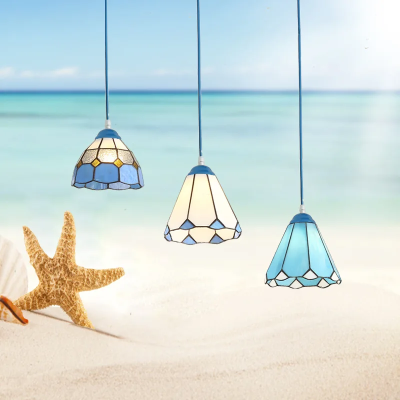 Rural Mediterranean romantic Tiffany seaside window glass chandelier hallway balcony foyer  creative blue glass pendant light