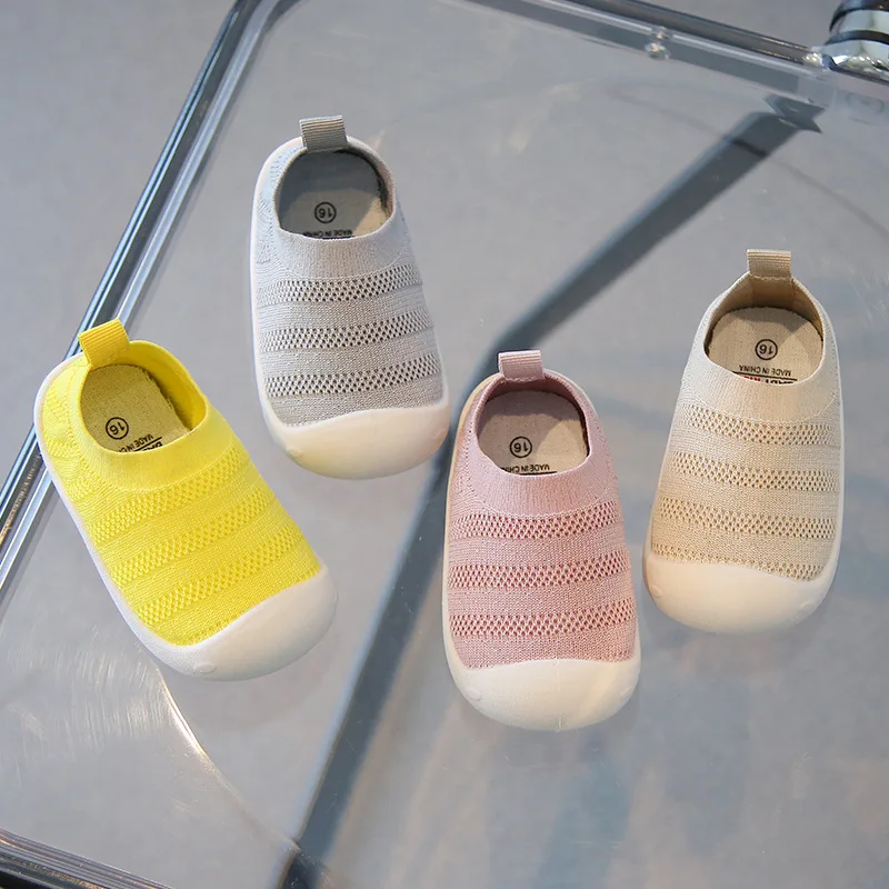 Spring Fall Toddlers Shoes Fly Woven Upper Mesh Shoes Stretch Knit Breathable Upper Low Top Baby Shoes Slip-Ons Bright Yellow